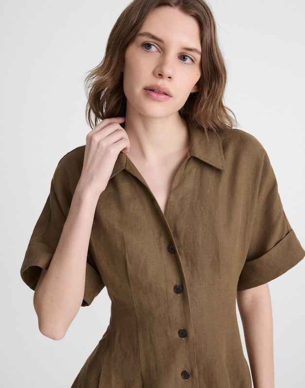 The Perry Mini Shirtdress in 100% Linen SAFARI KHAKI