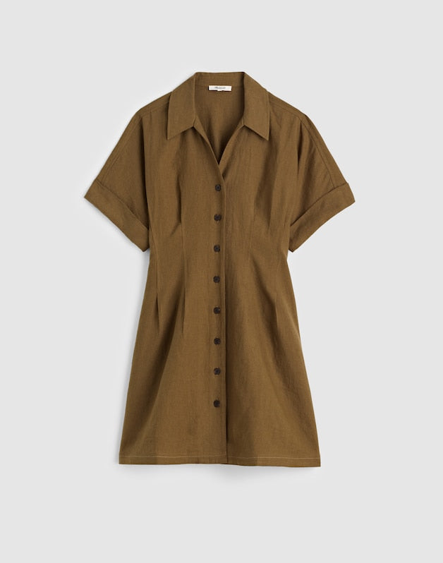 The Perry Mini Shirtdress in 100% Linen SAFARI KHAKI