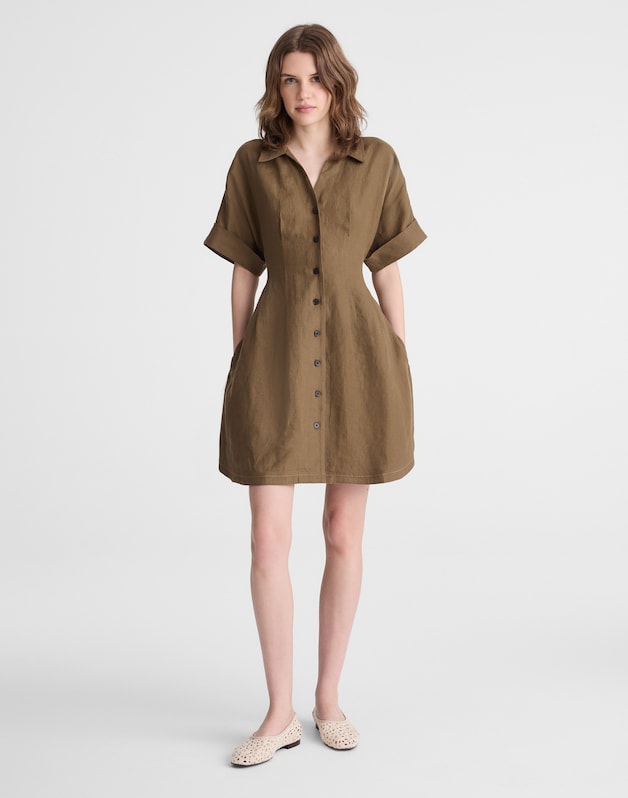 The Perry Mini Shirtdress in 100% Linen SAFARI KHAKI