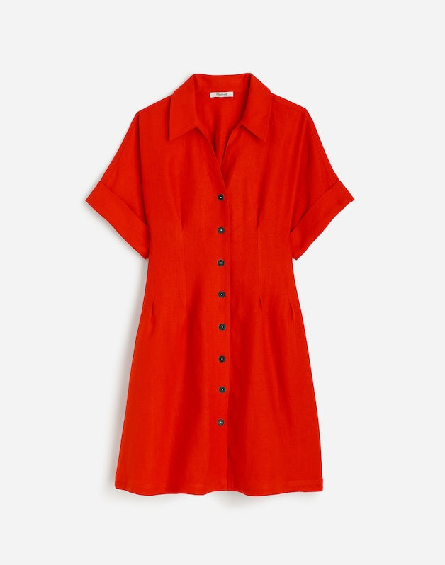 The Perry Mini Shirtdress in 100% Linen BRIGHT FLAME