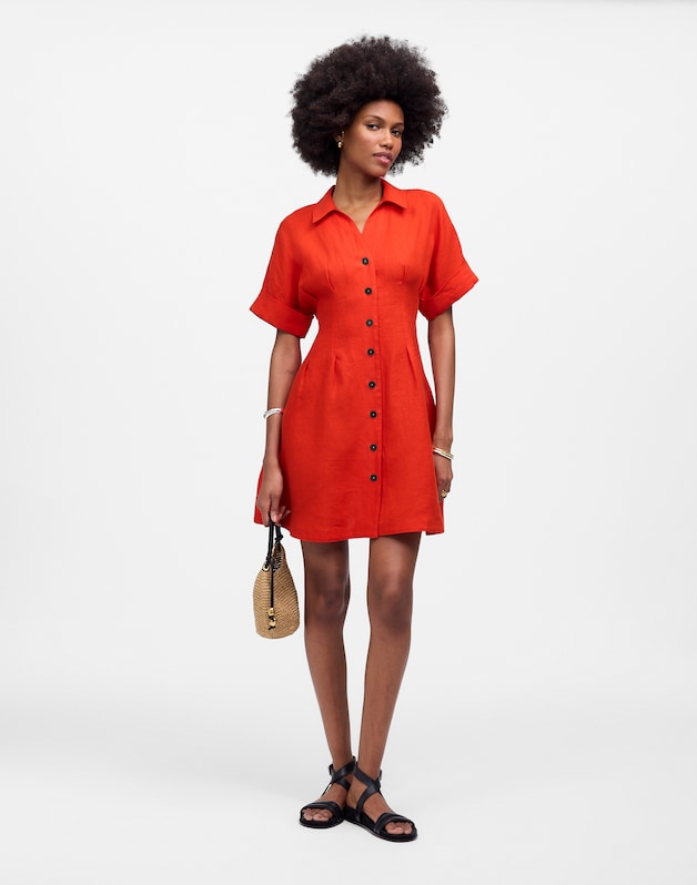 The Perry Mini Shirtdress in 100% Linen BRIGHT FLAME