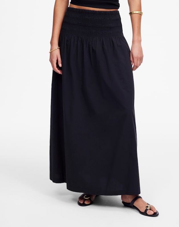 Smocked-Waist Midi Skirt in Poplin JET BLACK