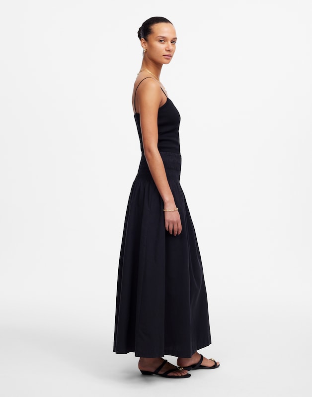 Smocked-Waist Midi Skirt in Poplin JET BLACK