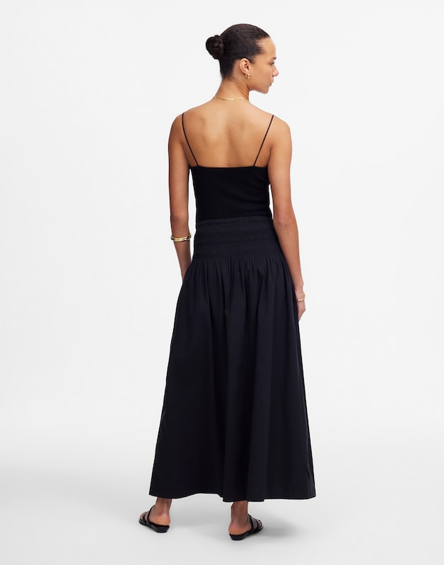 Smocked-Waist Midi Skirt in Poplin JET BLACK