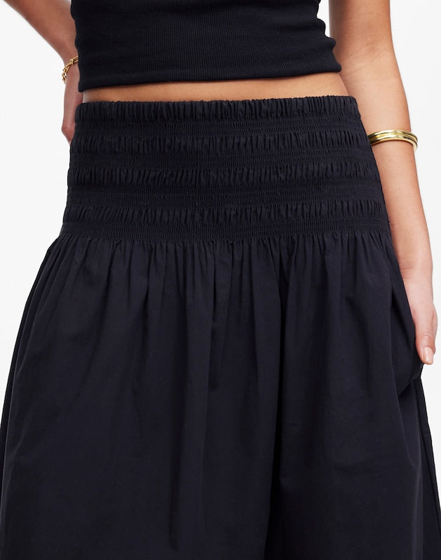 Smocked-Waist Midi Skirt in Poplin JET BLACK