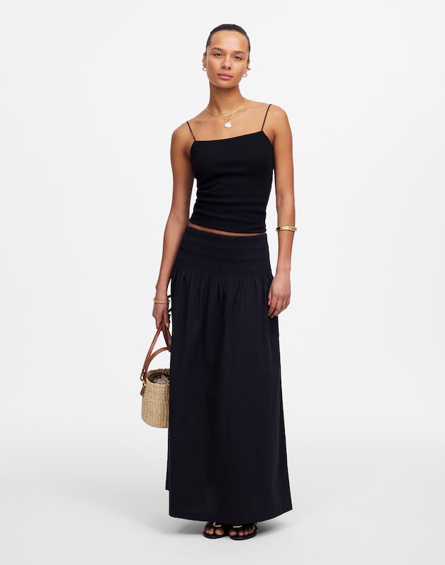 Smocked-Waist Midi Skirt in Poplin JET BLACK