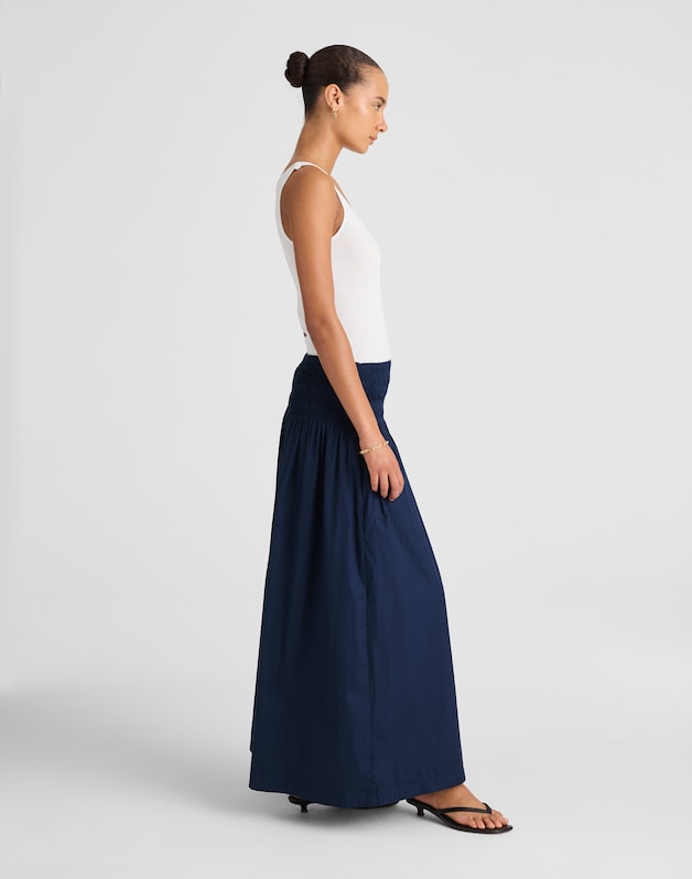 Smocked-Waist Midi Skirt in Poplin MIDNIGHT NAVY