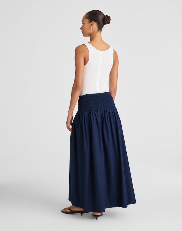 Smocked-Waist Midi Skirt in Poplin MIDNIGHT NAVY