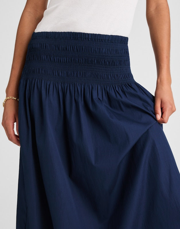 Smocked-Waist Midi Skirt in Poplin MIDNIGHT NAVY