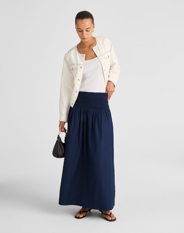 Smocked-Waist Midi Skirt in Poplin MIDNIGHT NAVY