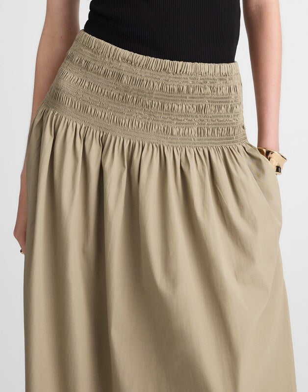 Smocked-Waist Midi Skirt in Poplin EXPEDITION KHAKI