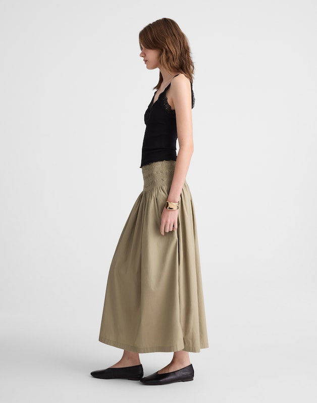 Smocked-Waist Midi Skirt in Poplin EXPEDITION KHAKI
