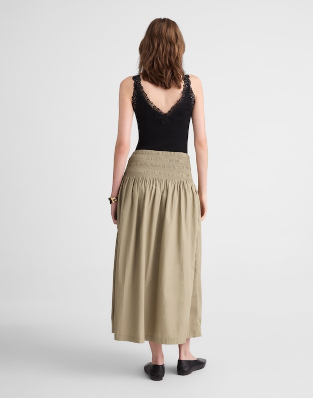 Smocked-Waist Midi Skirt in Poplin EXPEDITION KHAKI