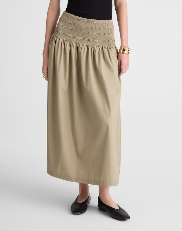Smocked-Waist Midi Skirt in Poplin EXPEDITION KHAKI