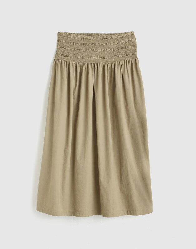 Smocked-Waist Midi Skirt in Poplin EXPEDITION KHAKI