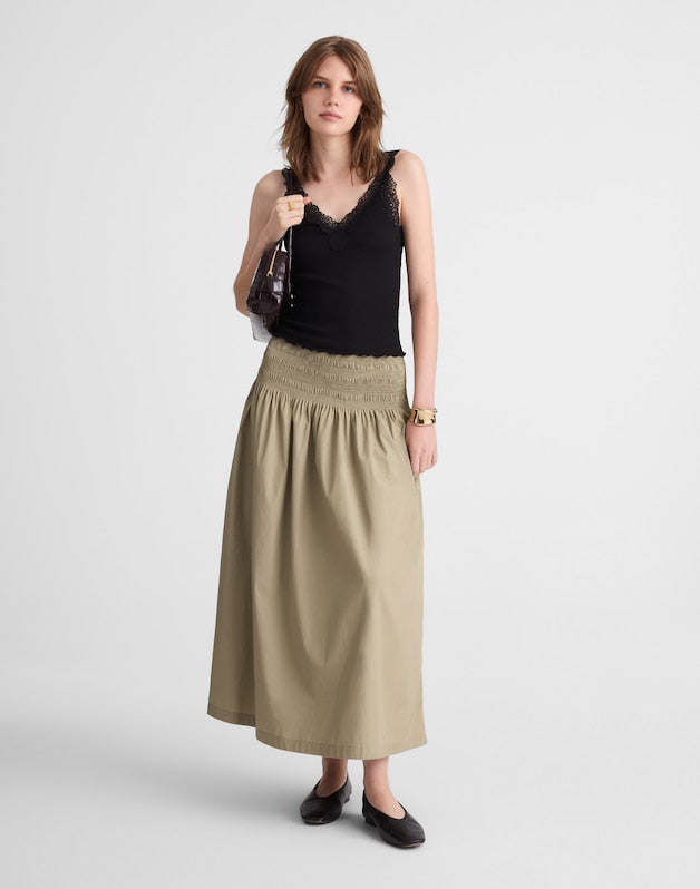 Smocked-Waist Midi Skirt in Poplin EXPEDITION KHAKI