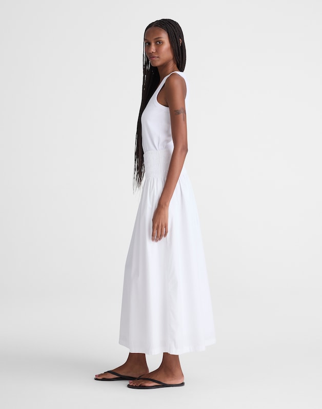 Smocked-Waist Midi Skirt in Poplin WHITE