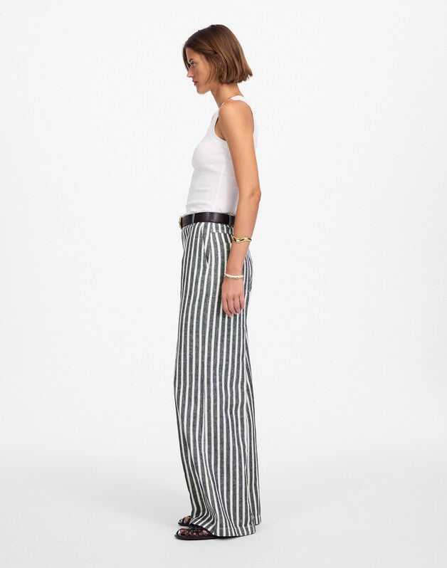 The Zoe Relaxed Wide Pant in Linen-Cotton Blend NAVY WHITE STRIPE