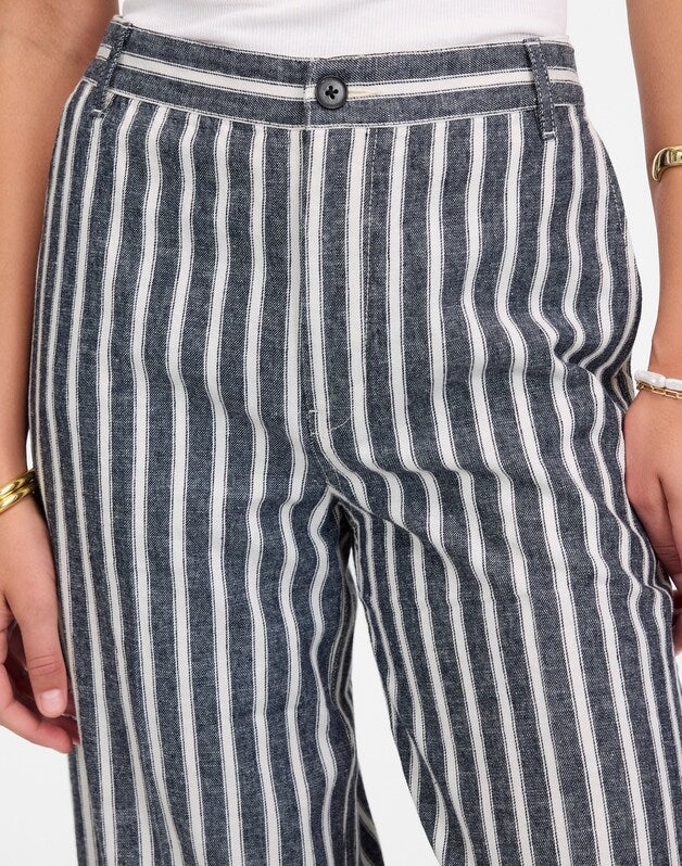 The Zoe Relaxed Wide Pant in Linen-Cotton Blend NAVY WHITE STRIPE
