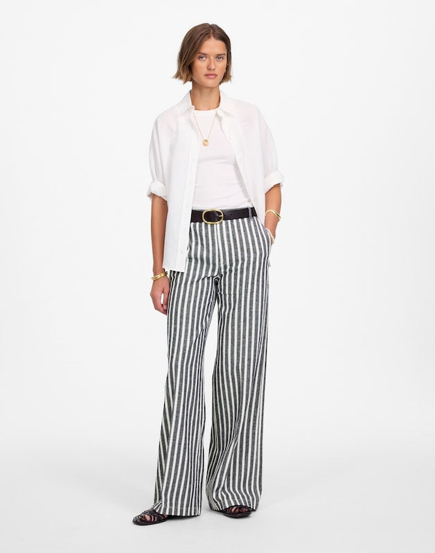 The Zoe Relaxed Wide Pant in Linen-Cotton Blend NAVY WHITE STRIPE