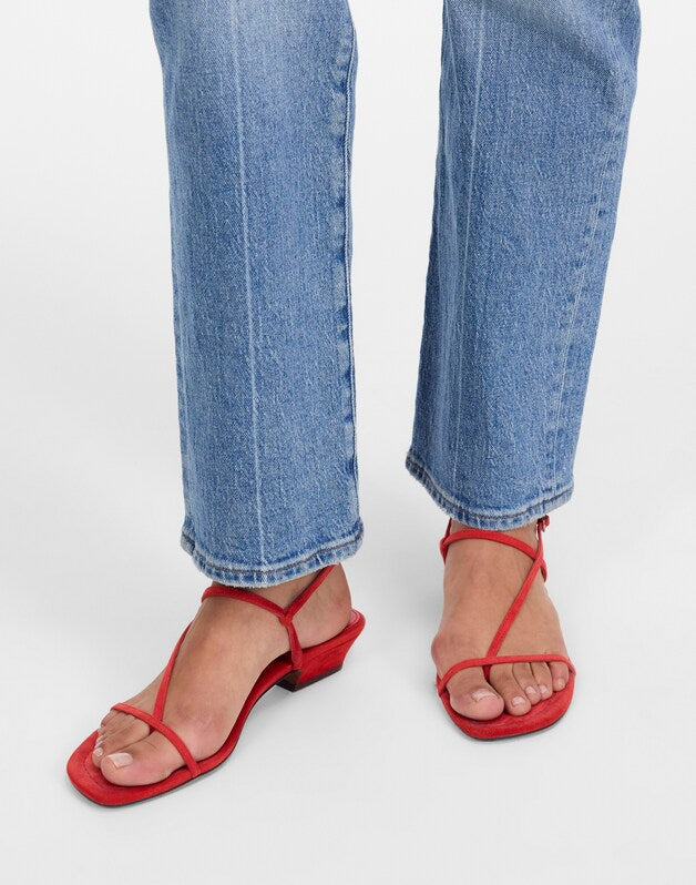 The Maycie Asymmetric T-Strap Sandal in Suede BANDANA RED