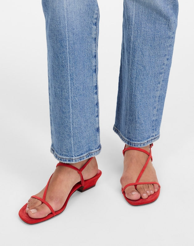 The Maycie Asymmetric T-Strap Sandal in Suede BANDANA RED