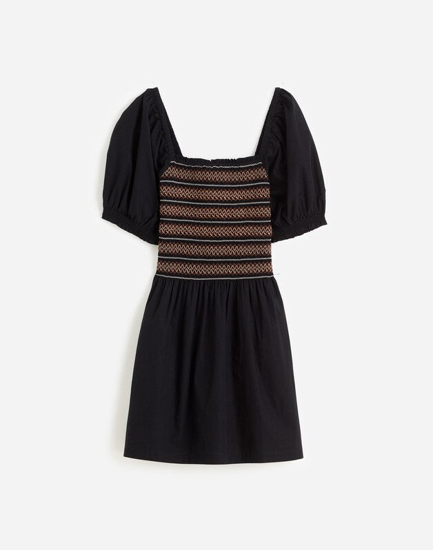 Poplin Puff-Sleeve Mini Dress JET BLACK