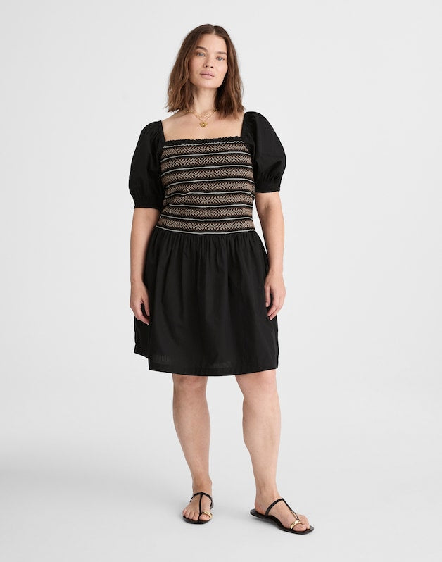 Poplin Puff-Sleeve Mini Dress JET BLACK
