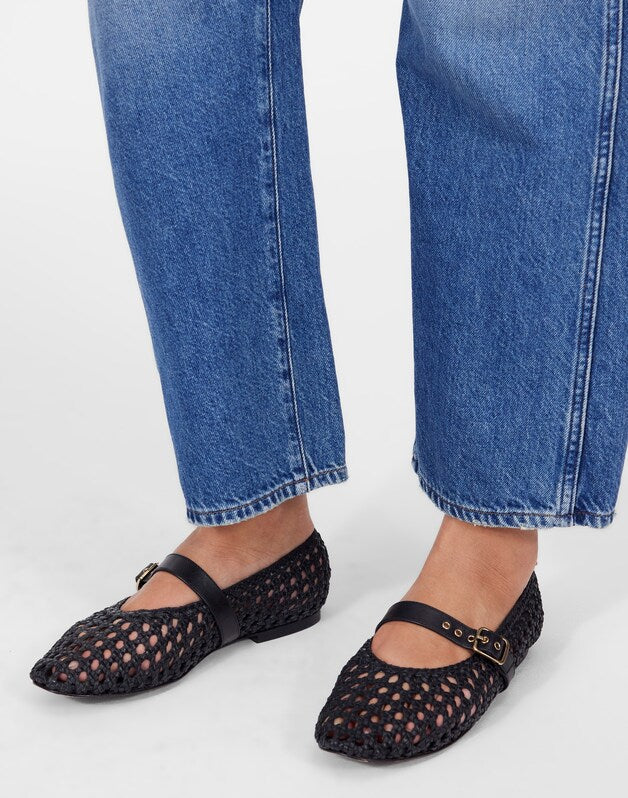 The Remy Mary Jane Flat in Woven Leather TRUE BLACK