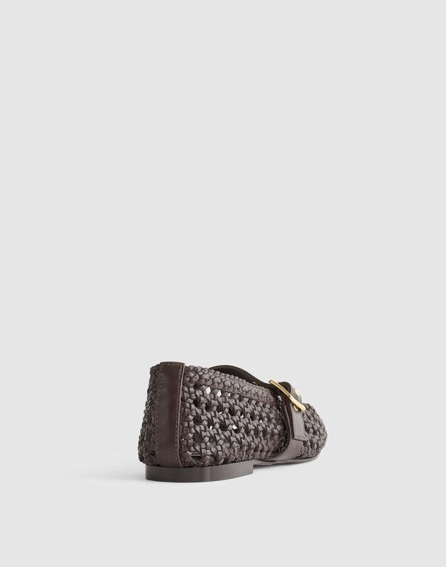 The Remy Mary Jane Flat in Woven Leather DARK CAROB