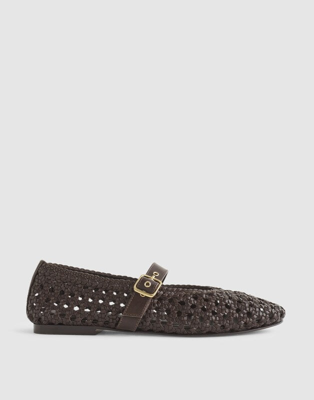 The Remy Mary Jane Flat in Woven Leather DARK CAROB
