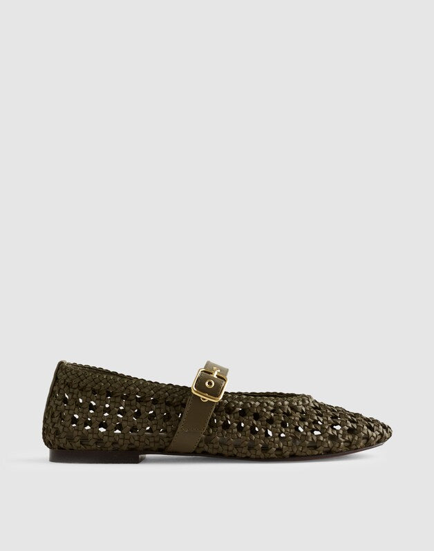 The Remy Mary Jane Flat in Woven Leather FADED OLIVE