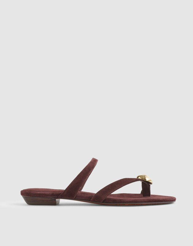 The Mila Sculpted Hardware Thong Slide Sandal in Suede ESPRESSO BEAN