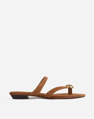 The Mila Sculpted Hardware Thong Slide Sandal in Suede AGED COGNAC