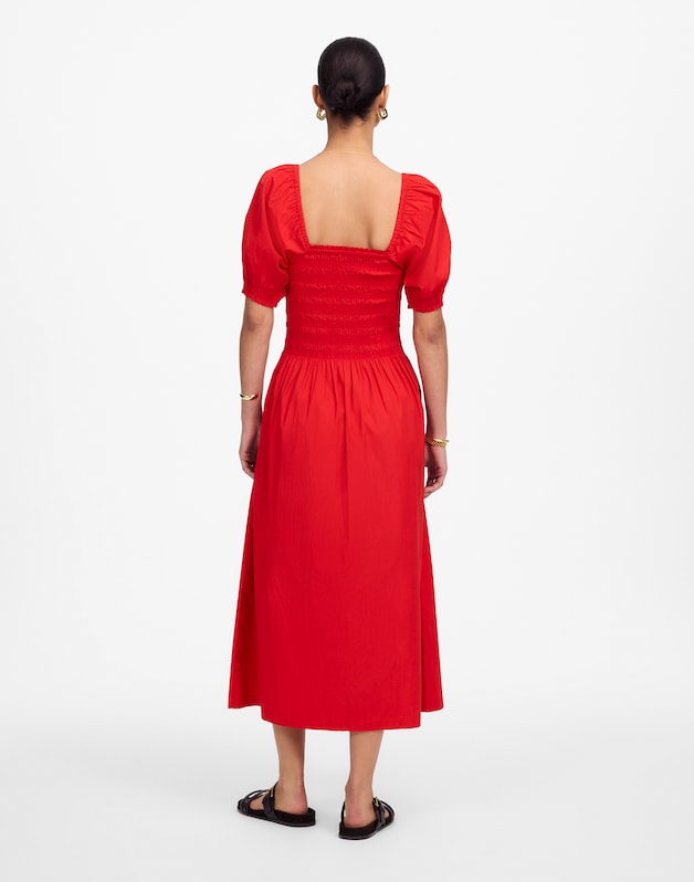 Smocked Puff Sleeve Midi Dress in Poplin CERISE