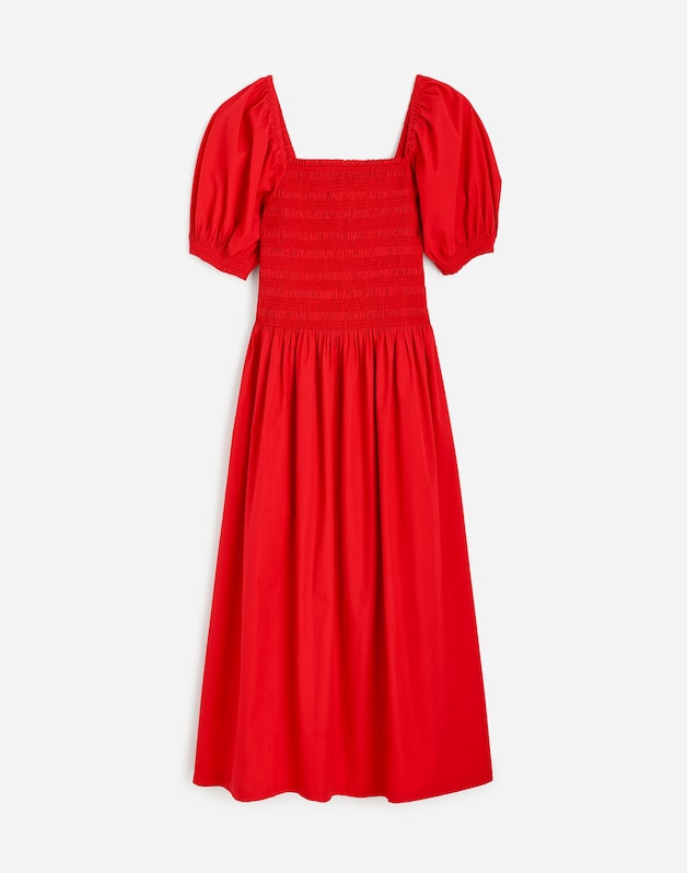 Smocked Puff Sleeve Midi Dress in Poplin CERISE
