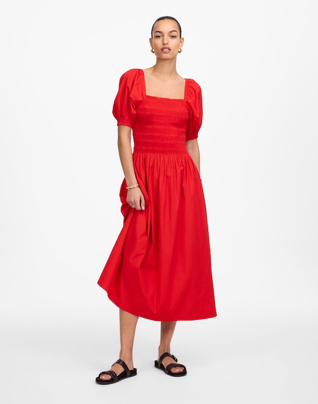 Smocked Puff Sleeve Midi Dress in Poplin CERISE
