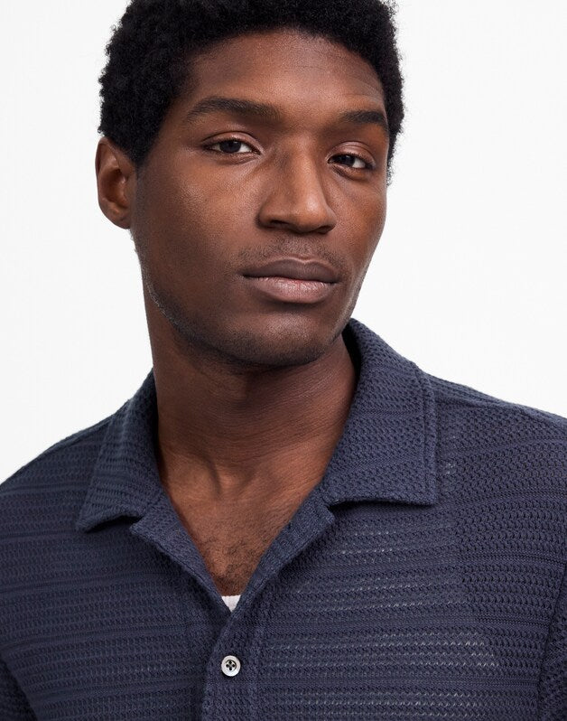 Jacquard-Knit Short-Sleeve Button-Up Shirt INK