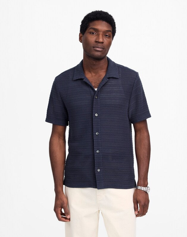 Jacquard-Knit Short-Sleeve Button-Up Shirt INK