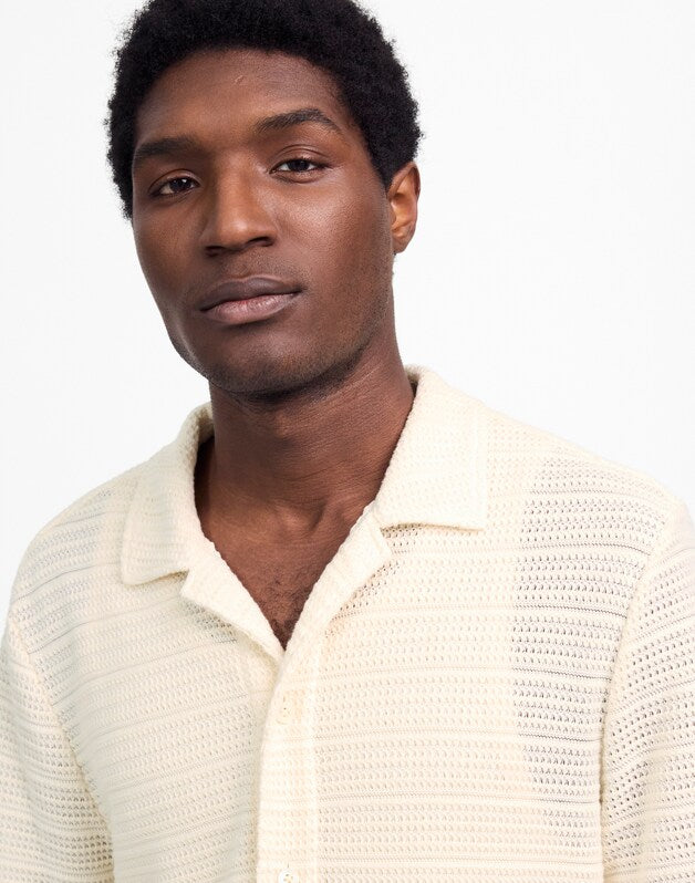 Jacquard-Knit Short-Sleeve Button-Up Shirt ANTIQUE CREAM