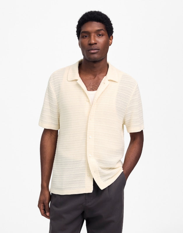 Jacquard-Knit Short-Sleeve Button-Up Shirt ANTIQUE CREAM