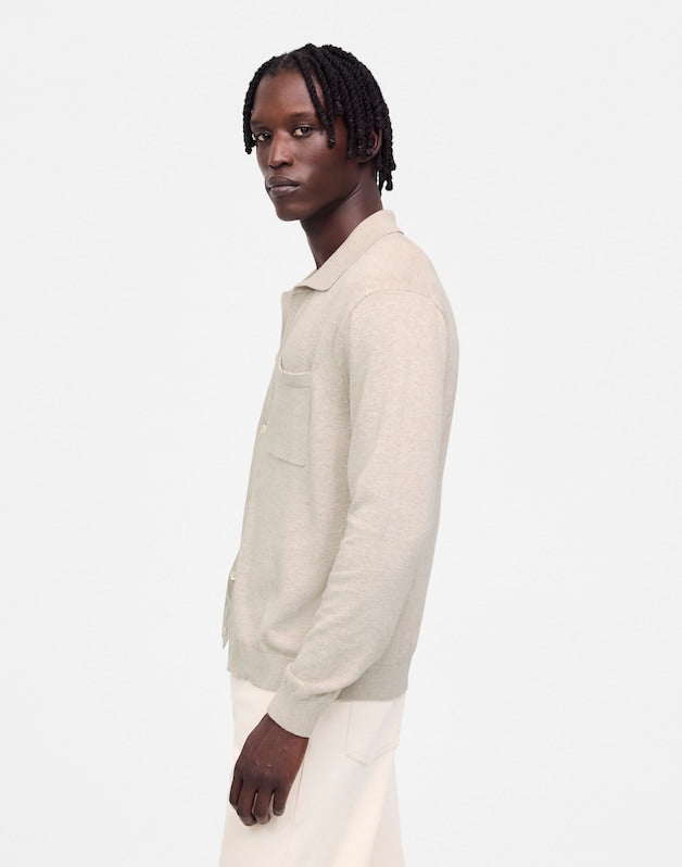 Button-Up Sweater Polo in Lightweight Cotton-Linen Blend HEATHER BROWN