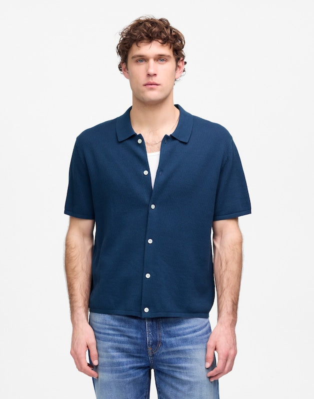 Tuck-Stitch Button-Up Sweater Polo TRUE INDIGO