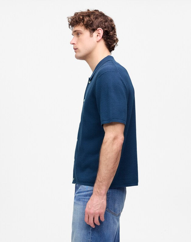 Tuck-Stitch Button-Up Sweater Polo TRUE INDIGO