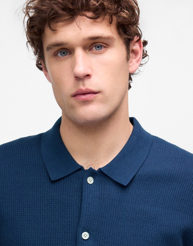 Tuck-Stitch Button-Up Sweater Polo TRUE INDIGO
