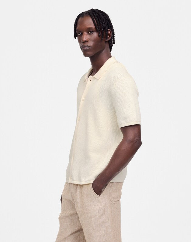 Tuck-Stitch Button-Up Sweater Polo VINTAGE IVORY