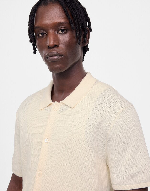 Tuck-Stitch Button-Up Sweater Polo VINTAGE IVORY