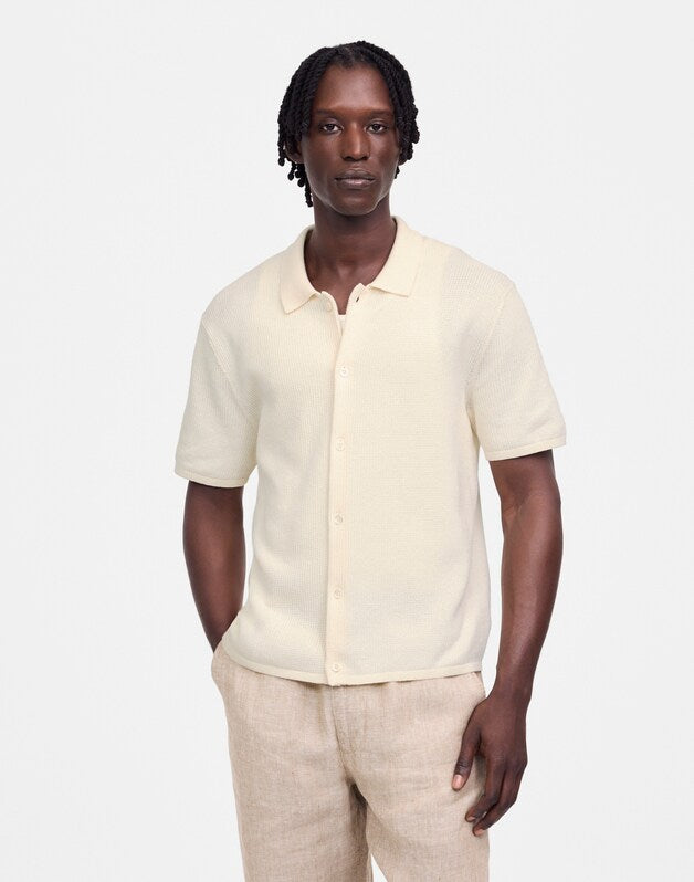 Tuck-Stitch Button-Up Sweater Polo VINTAGE IVORY