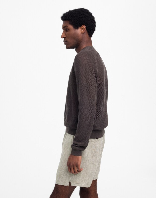 Mesh-Knit Crewneck Sweater in Lightweight Cotton-Linen Blend SOFT CHARCOAL