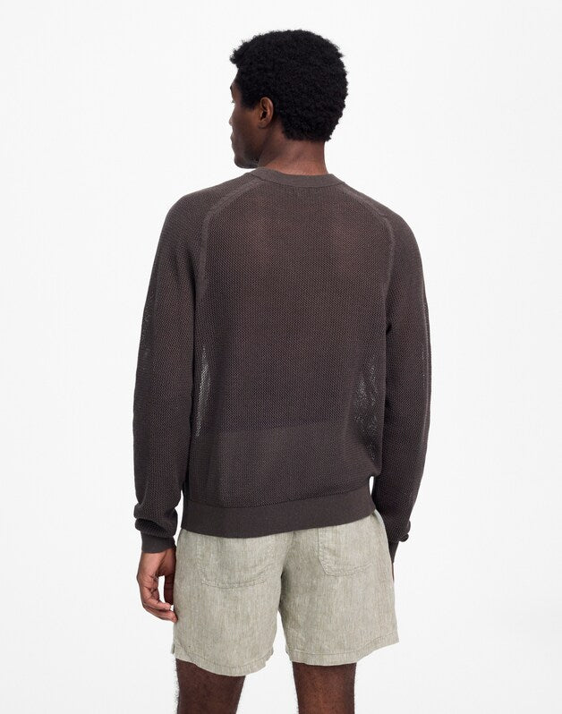 Mesh-Knit Crewneck Sweater in Lightweight Cotton-Linen Blend SOFT CHARCOAL
